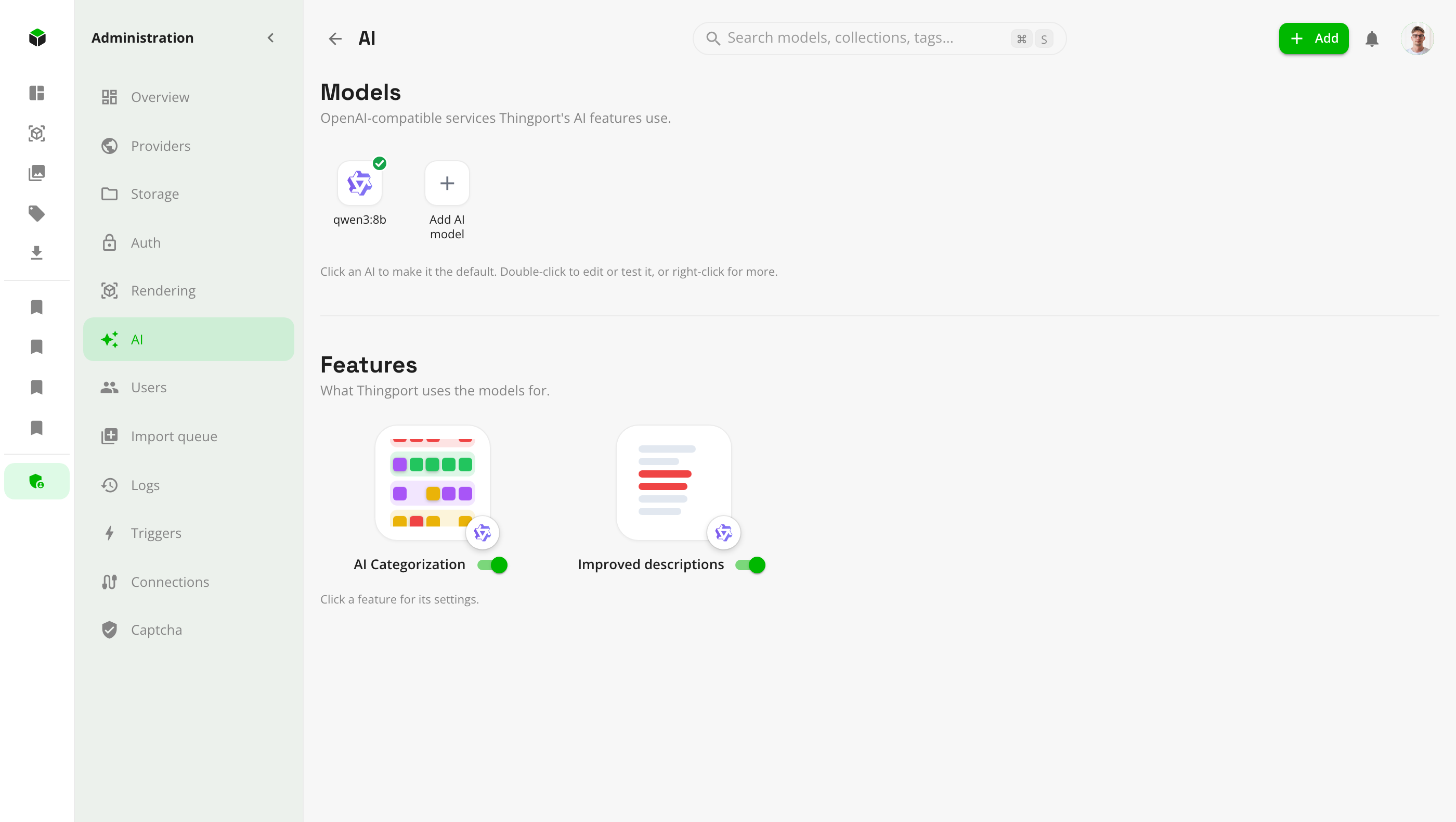 Administration, AI page with models and features
