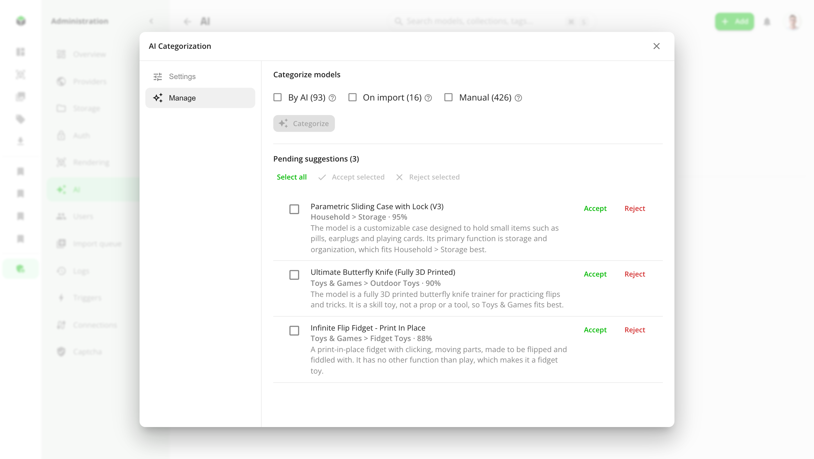 AI category suggestions to accept or reject