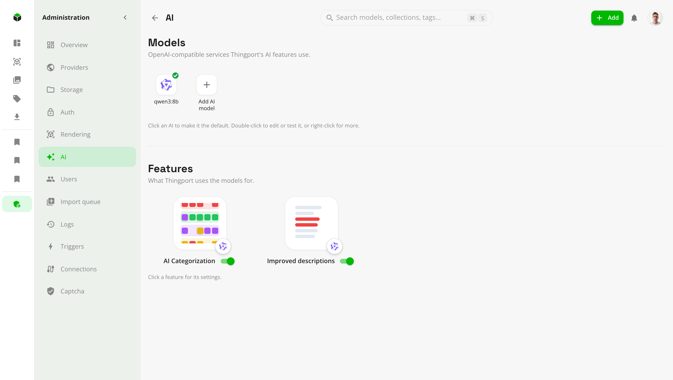 Administration, AI page with models and features