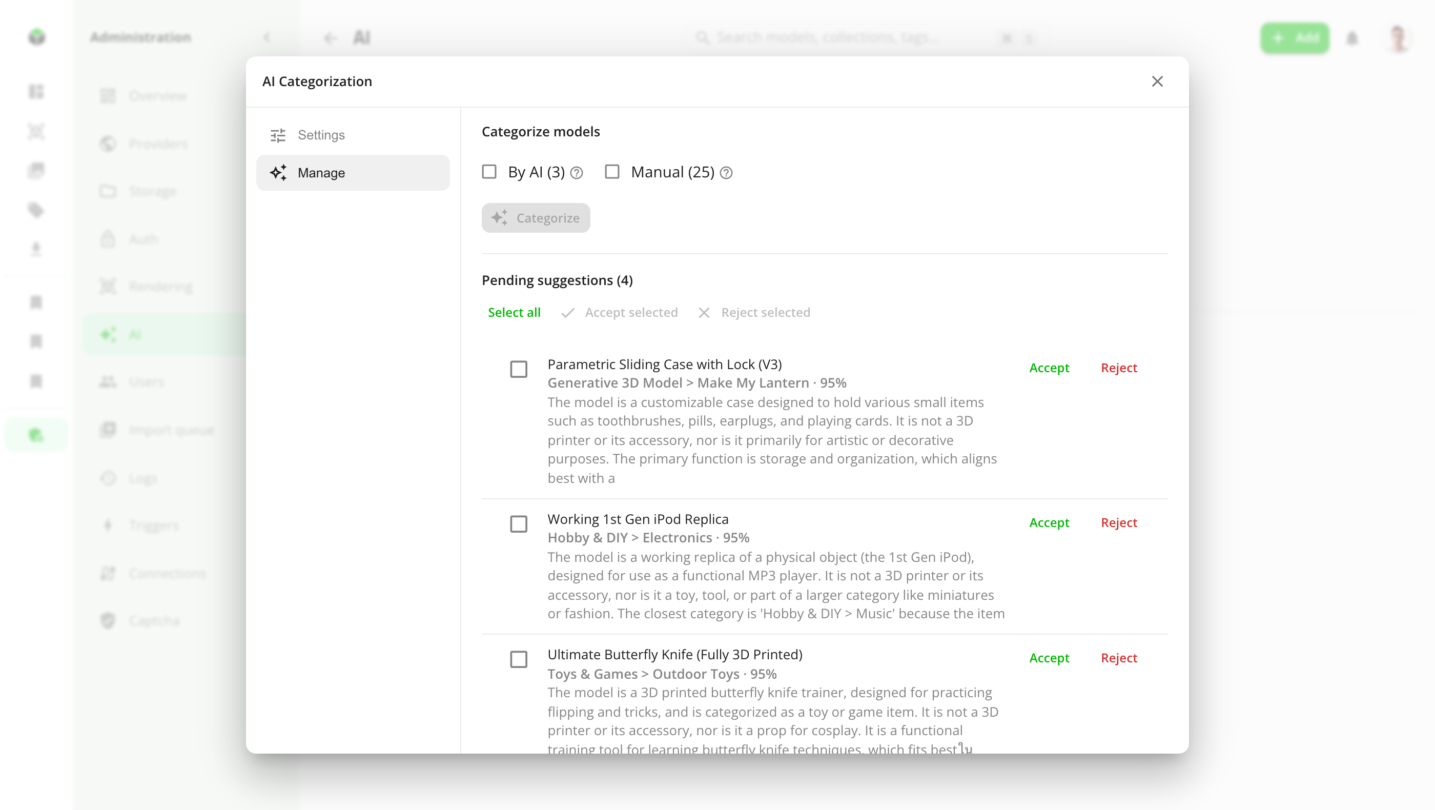 AI category suggestions to accept or reject