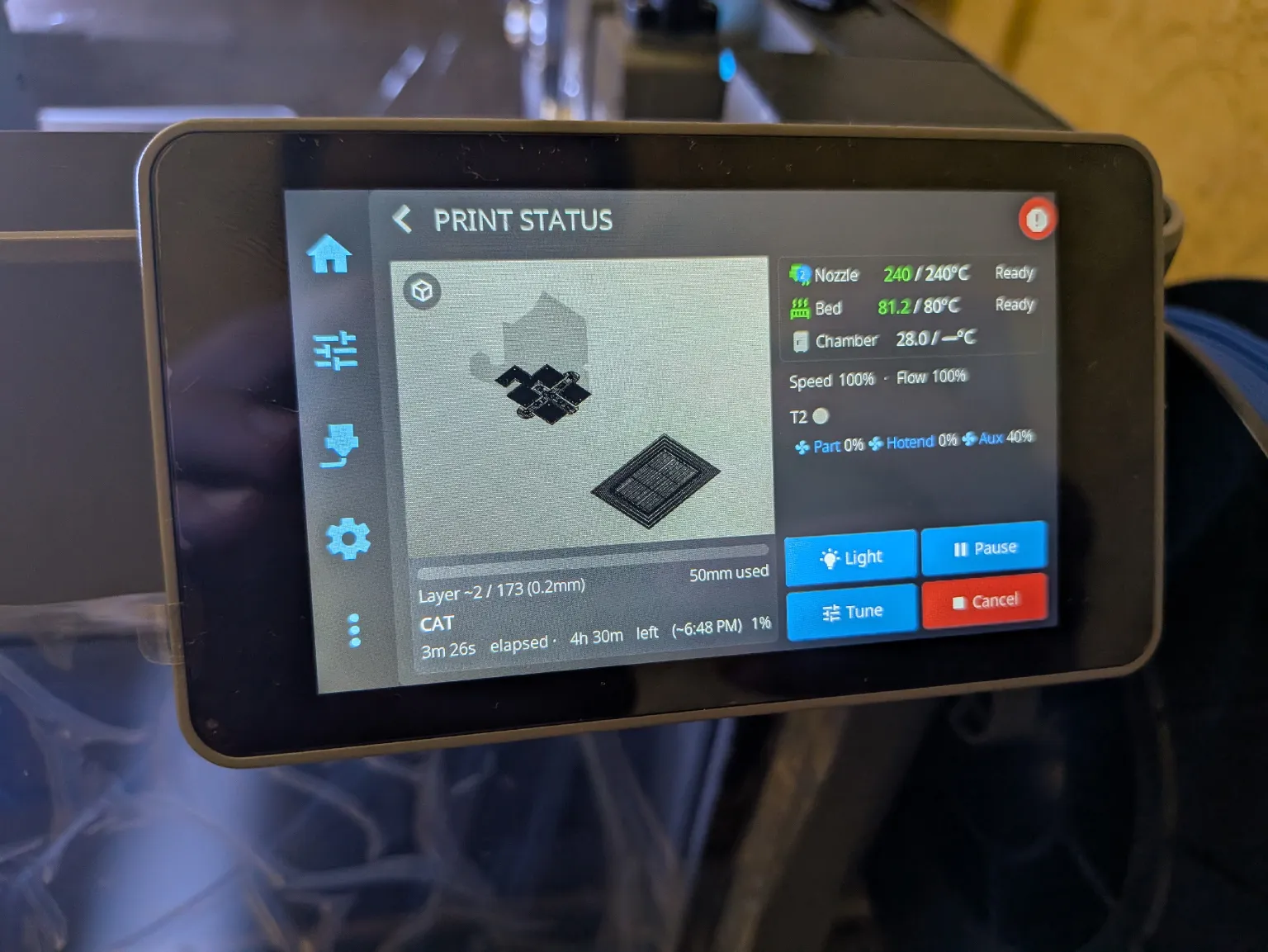 HelixScreen mid-print on the Creator 5 Pro: T2 mounted, layer 2 of 173