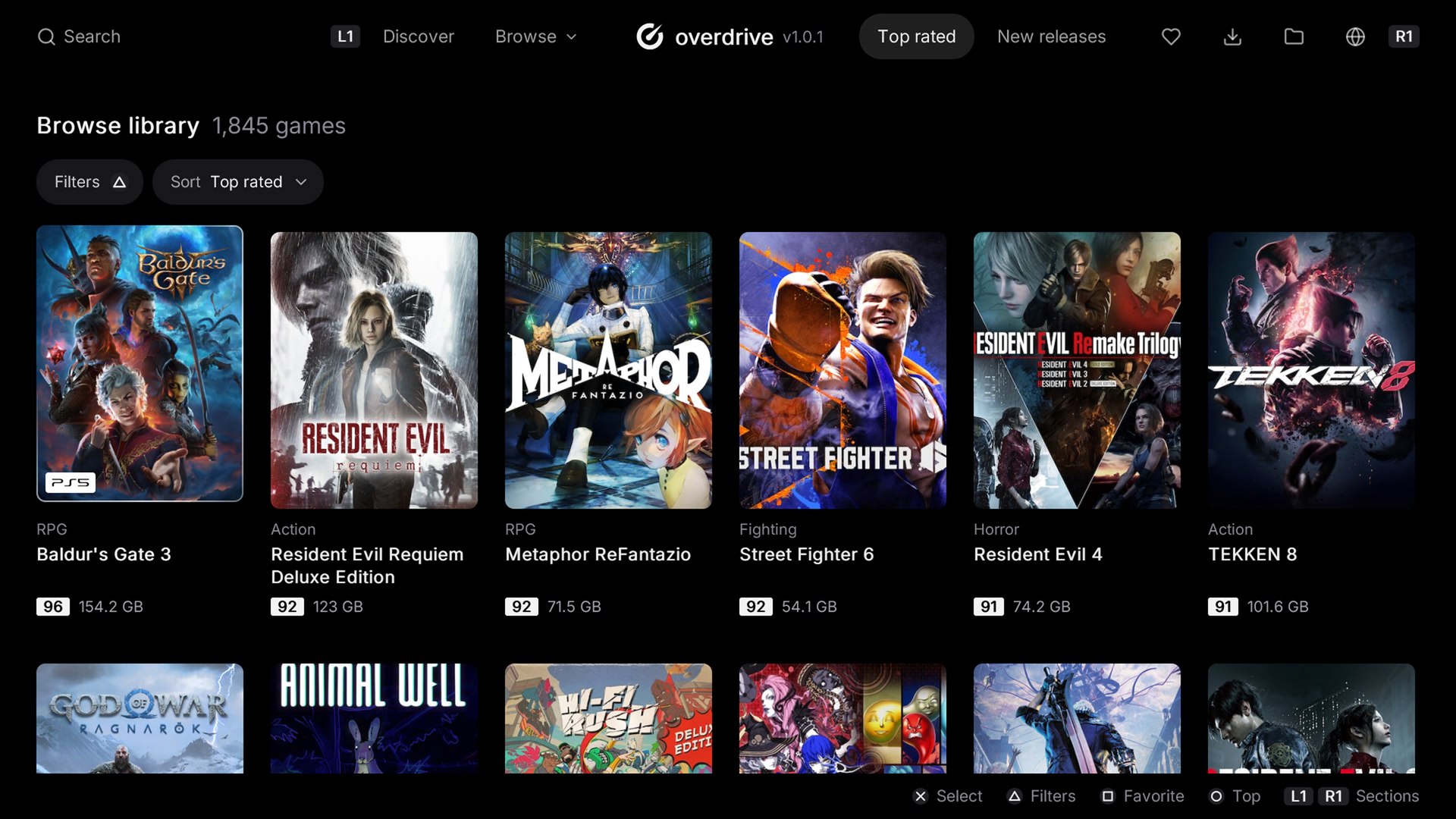 Browse library: 1,845 games with filters, sorting, scores and sizes