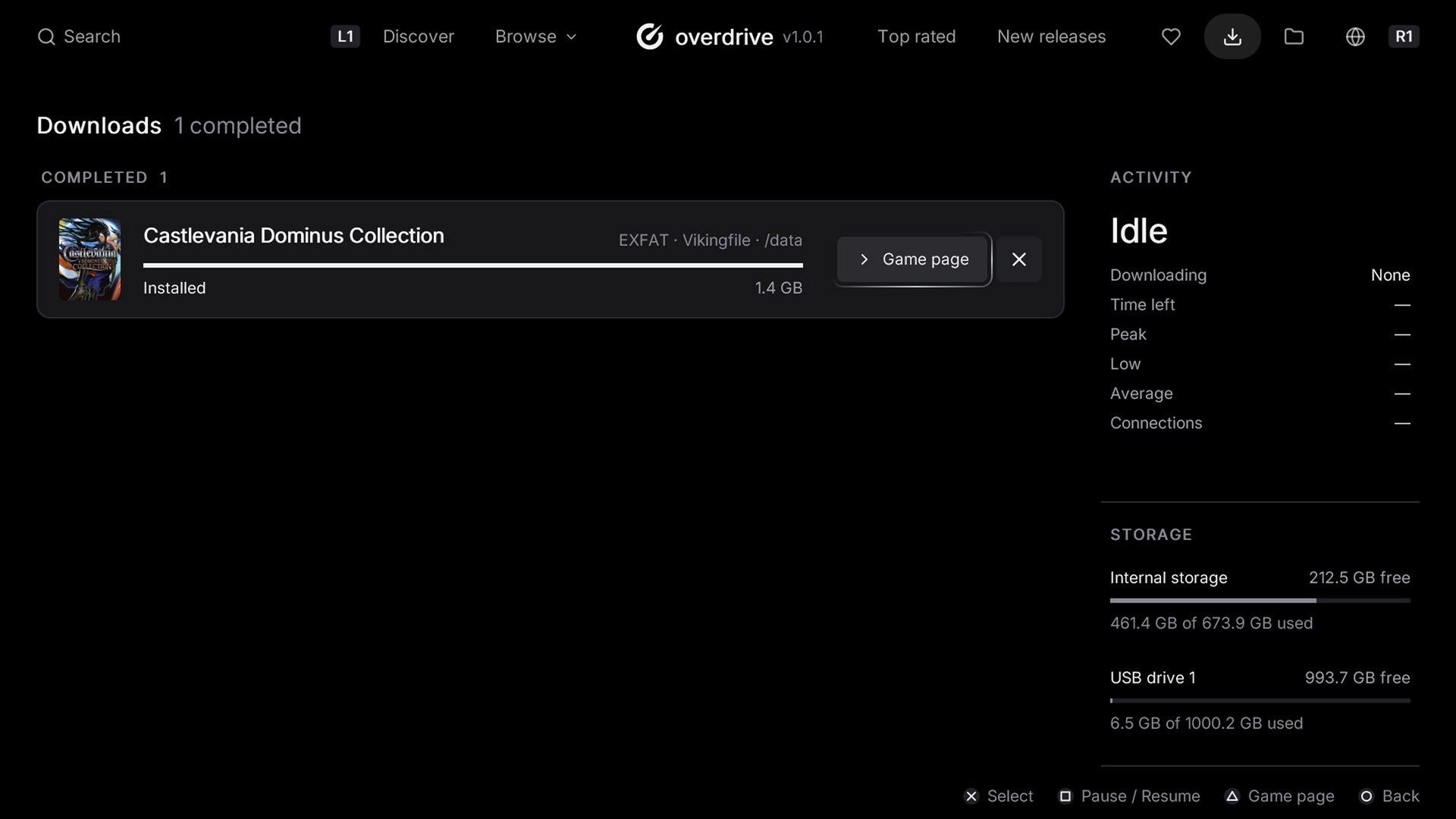 Downloads page with activity and storage for internal storage and a USB drive