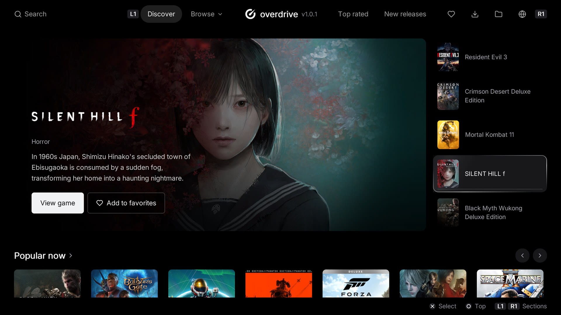 Overdrive's Discover page, with a featured game and the Popular now row